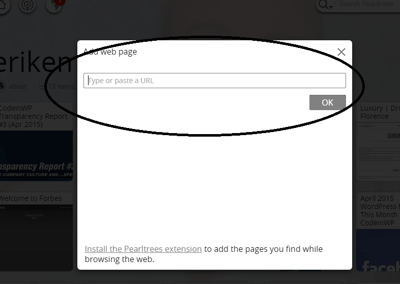 Screenshot of bookmarking a post with pearltrees