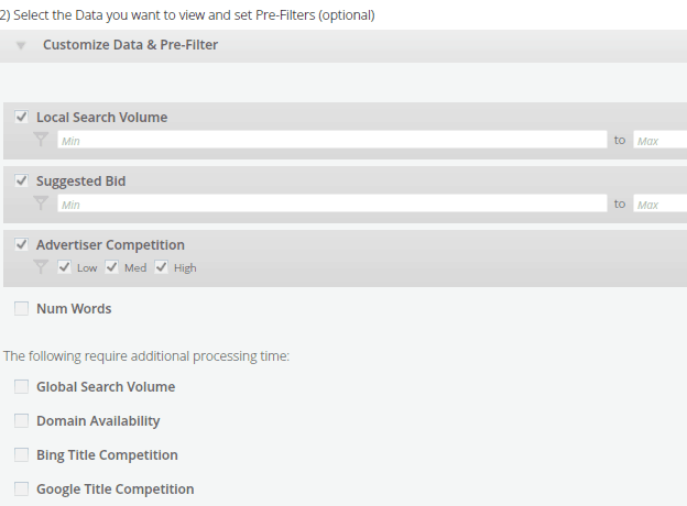 Screenshto for "customize data and pre-filter" option in keywords research of LongTailPRO
