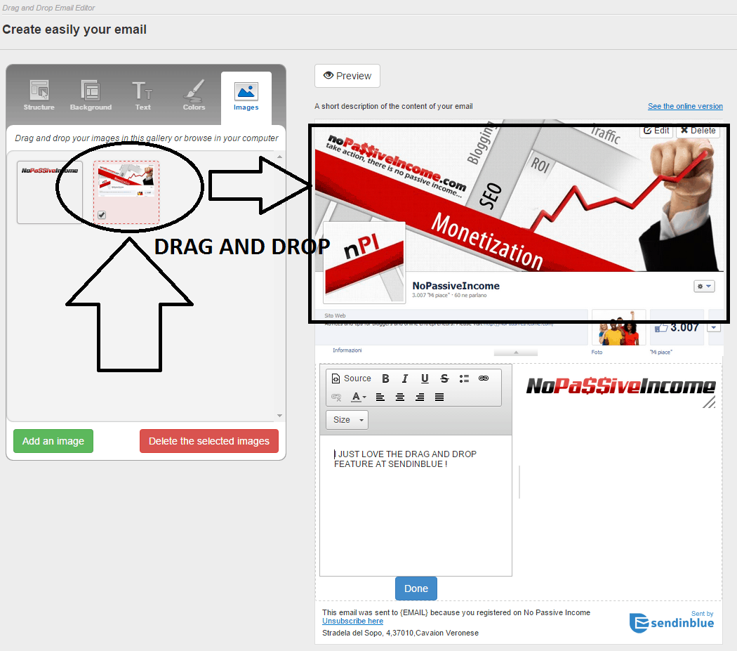 Screenshot of testing the drag and Drop feature at SendinBlue