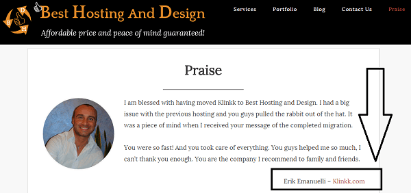 example of backlink gained with a testimonial