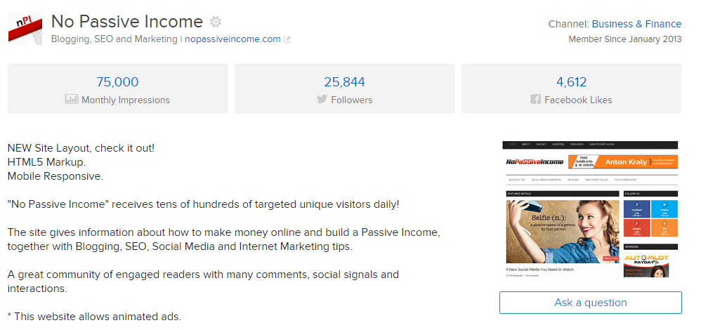 Screenshot for NoPassiveIncome marketplace listing at BuySellAds