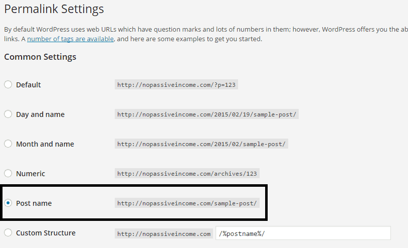 Screenshot for permalink settings of NoPassiveIncome blog
