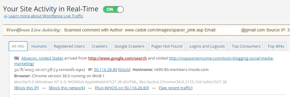 Real-time activity check with Wordfence Security plugin