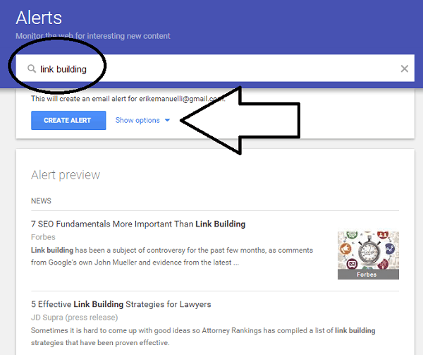 screenshot example of creating alerts with Google Alerts