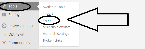 Tools - Export under WordPress dashboard - screenshot at NoPassiveIncome blog